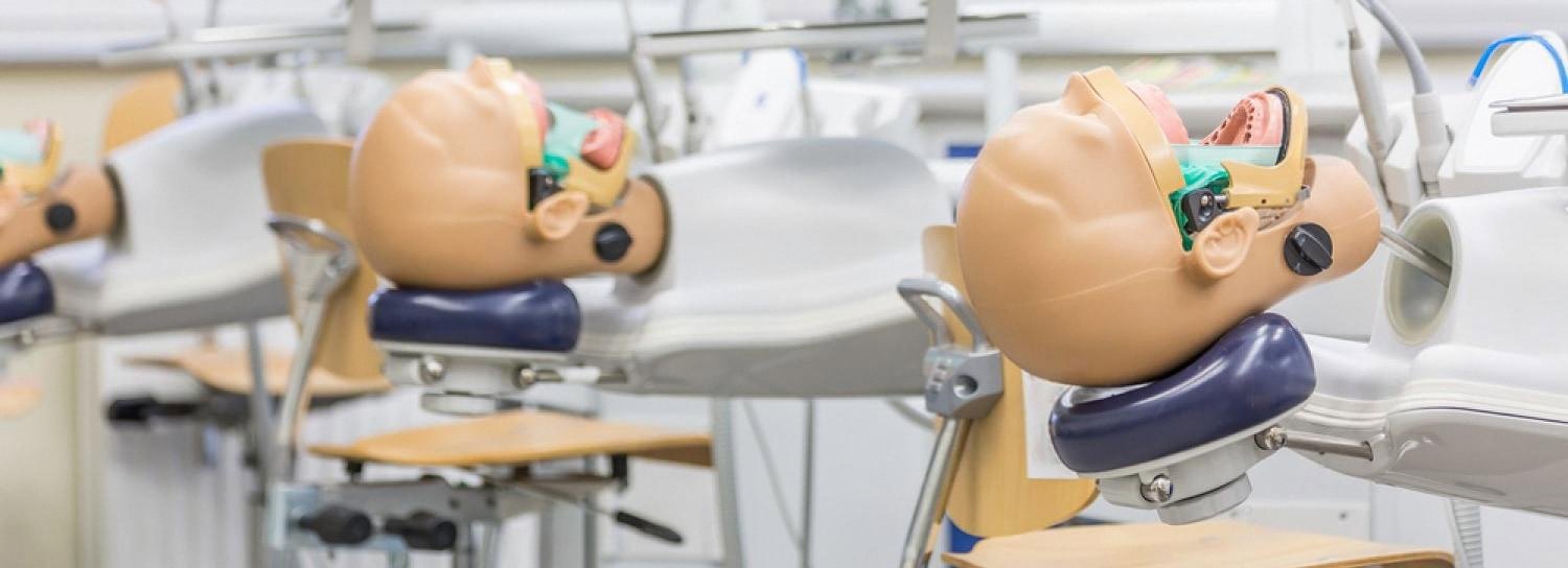 Row of dental simulation mannequins in a preclinical training laboratory