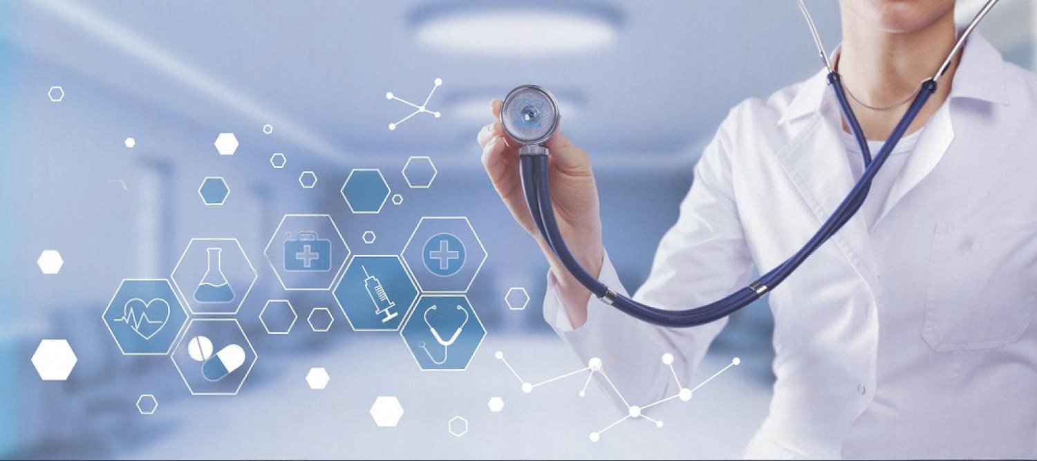UAE physician with stethoscope surrounded by digital medical icons representing online learning
